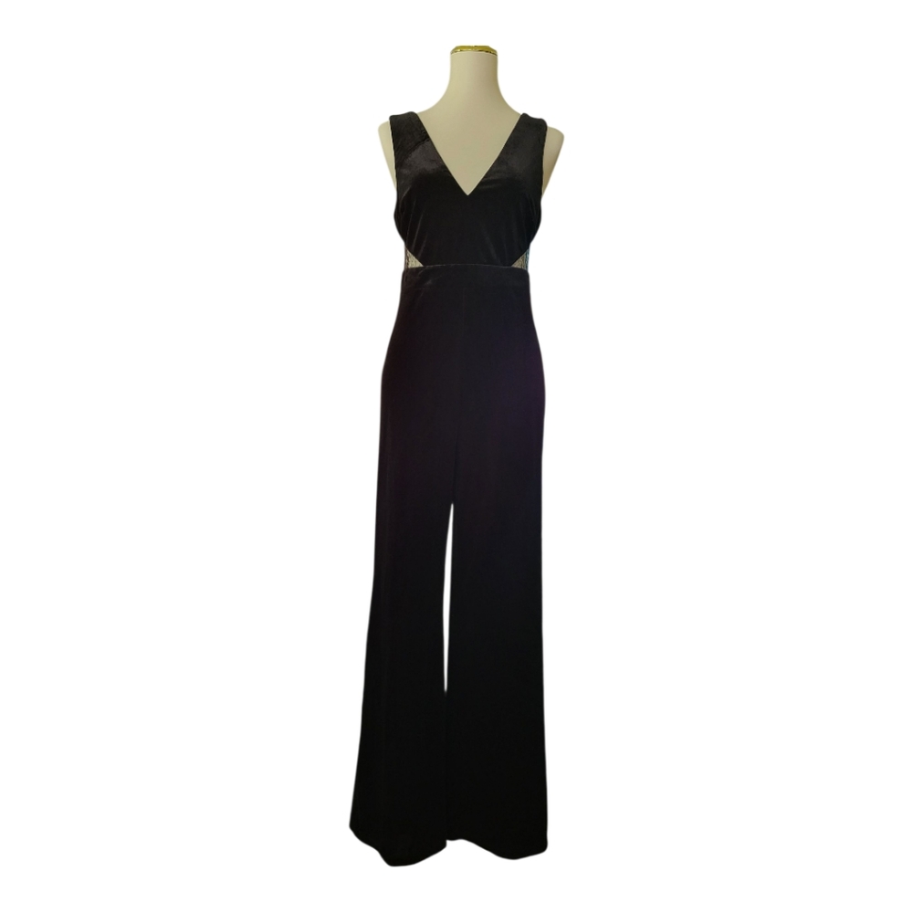 Lulus Black Velvet Lace Back Cutout Jumpsuit‎ Women’s Size M Sleeveless FlareLeg